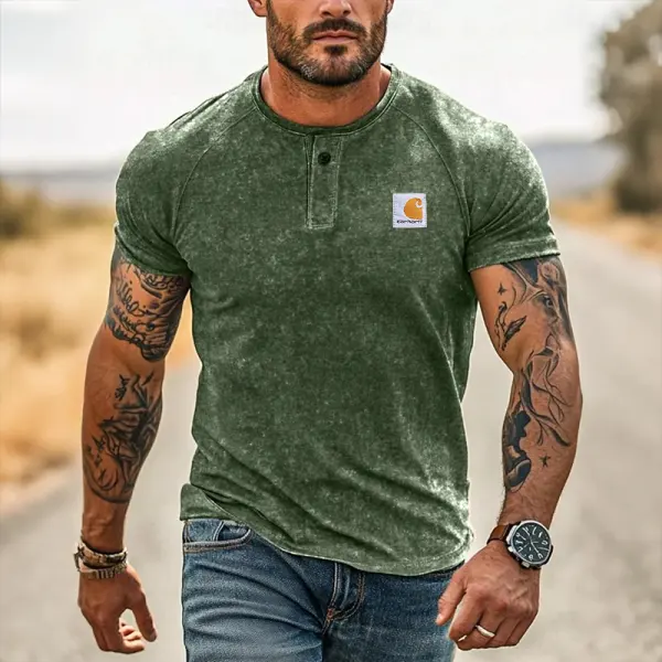 Men's Wash Vintage Casual Henley T-Shirt With Unique Sleeve Tattoo Design - Zivinfo.com 