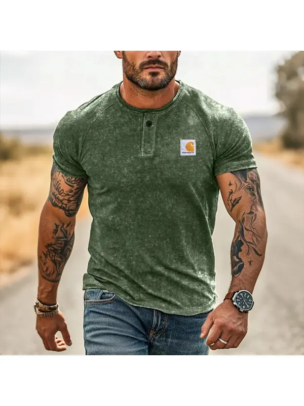 Men's Wash Vintage Casual Henley T-Shirt With Unique Sleeve Tattoo Design - Ootdmw.com 