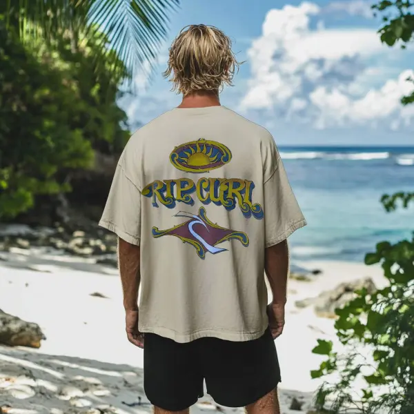 Vintage Unisex Beach Vacation Surf Logo Print Oversized Short Sleeve T-shirt - Yesunshine.com 