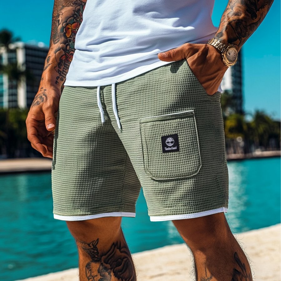 

Men's Vintage Army Green Waffle Fabric Patchwork Knit Pockets Surf Elastic Drawstring Shorts