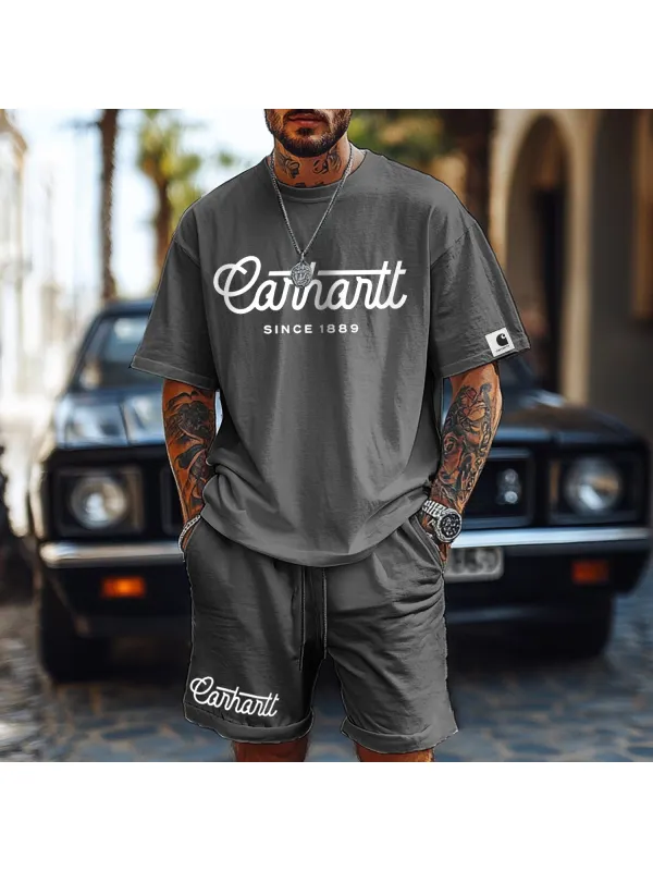Men's Outdoor Leisure Letter Print Short-sleeved Shorts Two-piece Suit - Ootdmw.com 