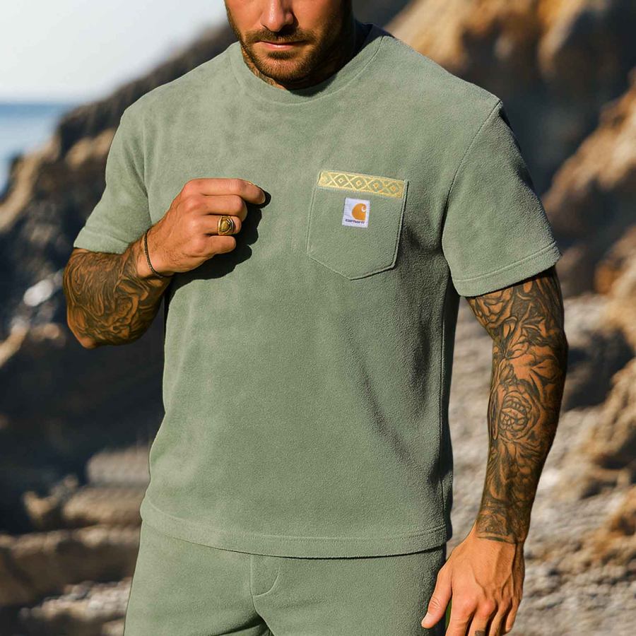 

Men's Vintage Terry Towelling Aztec Embroidered Surfing Chest Pocket Short Sleeve Crew Neck T-Shirt