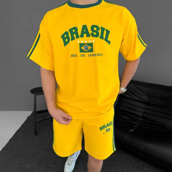 Brazil Print Unisex Loose Casual Comfortable T-shirt Shorts Set Football Club Sports Suit - Yesunshine.com 