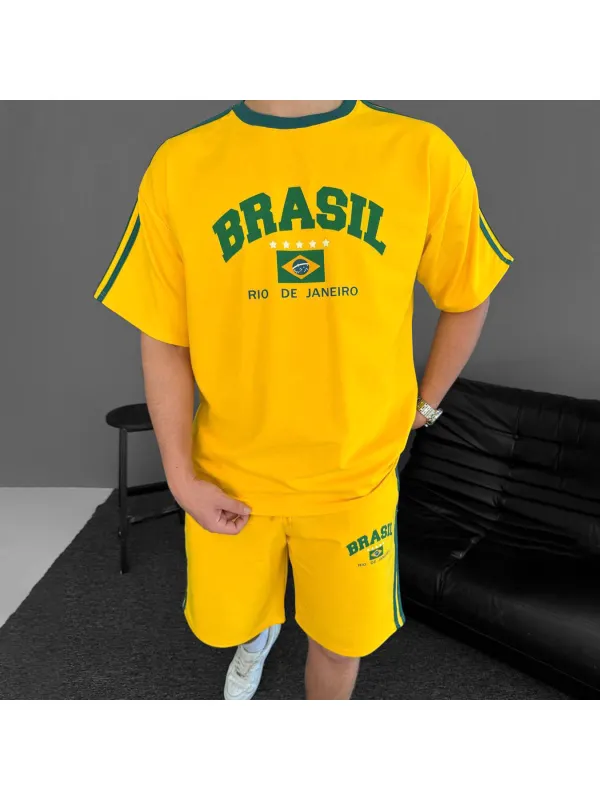 Brazil Print Unisex Loose Casual Comfortable T-shirt Shorts Set Football Club Sports Suit - Anrider.com 