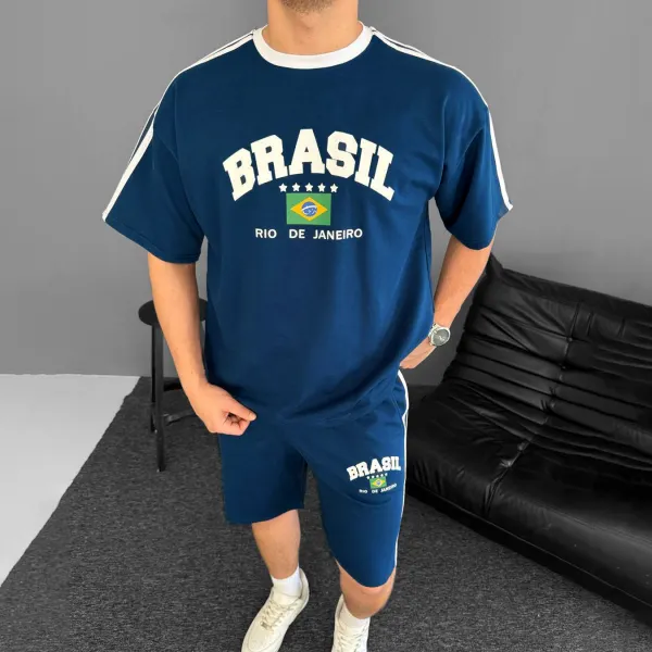 Brazil Print Unisex Loose Casual Comfortable T-shirt Shorts Set Football Club Sports Suit - Yesunshine.com 