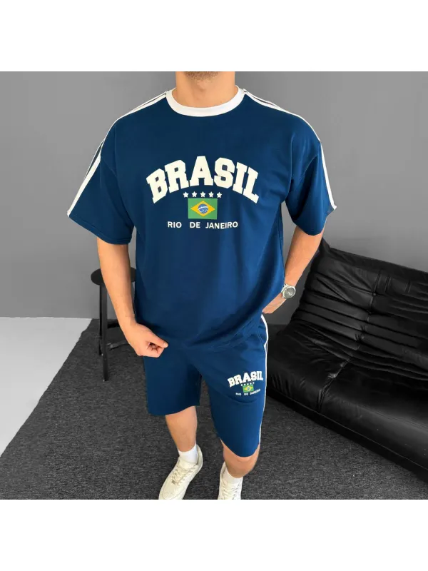 Brazil Print Unisex Loose Casual Comfortable T-shirt Shorts Set Football Club Sports Suit - Anrider.com 