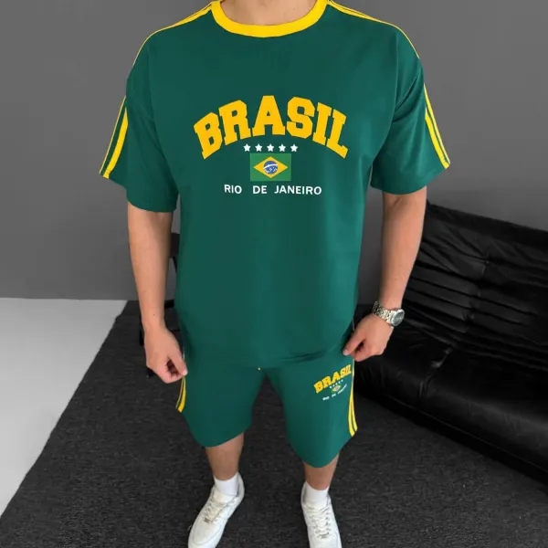 Brazil Print Unisex Loose Casual Comfortable T-shirt Shorts Set Football Club Sports Suit - Yesunshine.com 