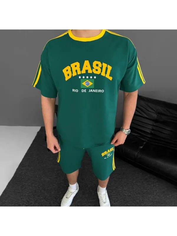 Brazil Print Unisex Loose Casual Comfortable T-shirt Shorts Set Football Club Sports Suit - Frontiercool.com 