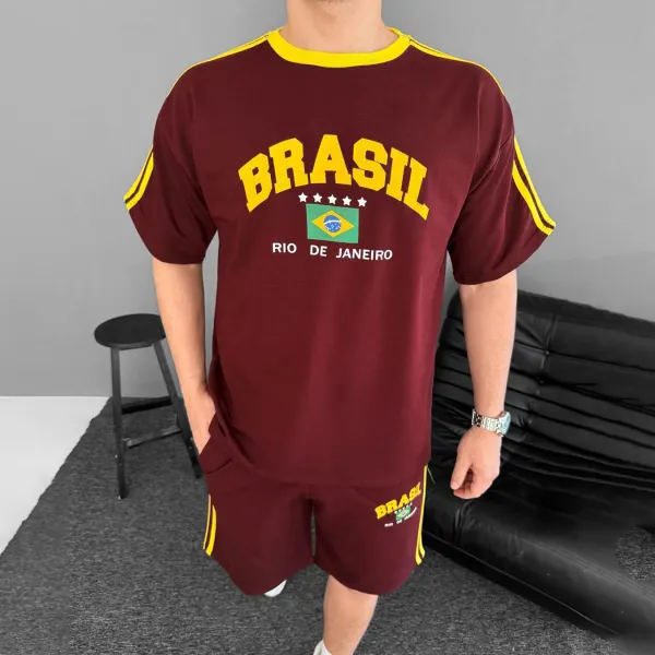 Brazil Print Unisex Loose Casual Comfortable T-shirt Shorts Set Football Club Sports Suit - Yesunshine.com 