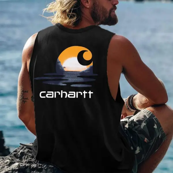 Men's Vintage Surf Lake Print Crew Neck Sleeveless Tank Top - Yesunshine.com 