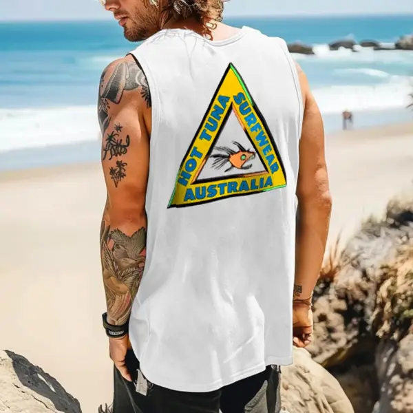 Men's Vintage 1987 Hot Fish Surf Print Crew Neck Sleeveless Tank Top - Yesunshine.com 