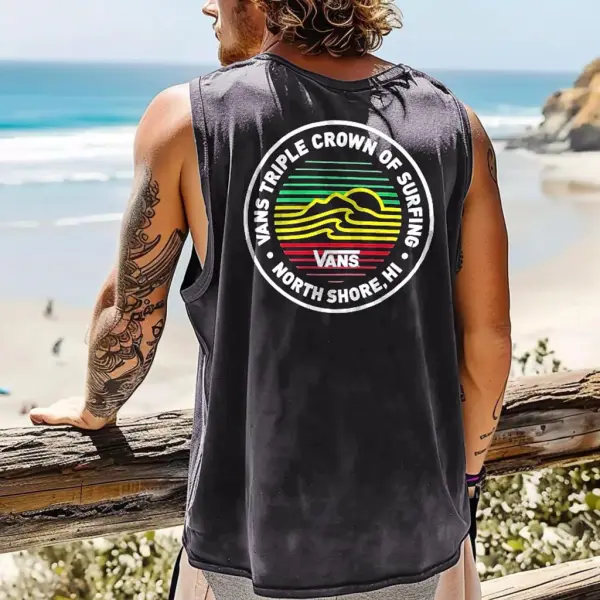 Men's Vintage Crown Surfing Print Crew Neck Sleeveless Tank Top - Yesunshine.com 