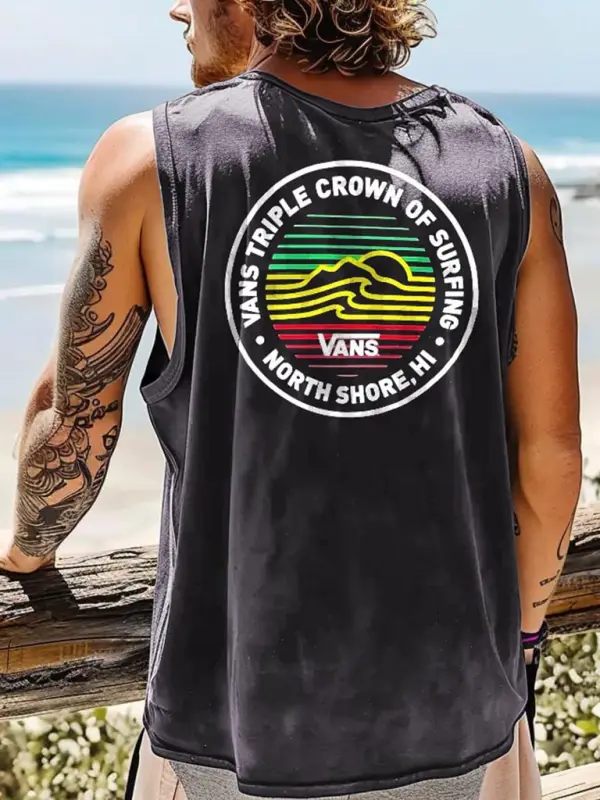 Men's Vintage Crown Surfing Print Crew Neck Sleeveless Tank Top - Menwyx.com 