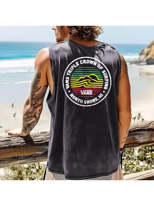 Men's Vintage Crown Surfing Print Crew Neck Sleeveless Tank Top - Aptkoi.com 