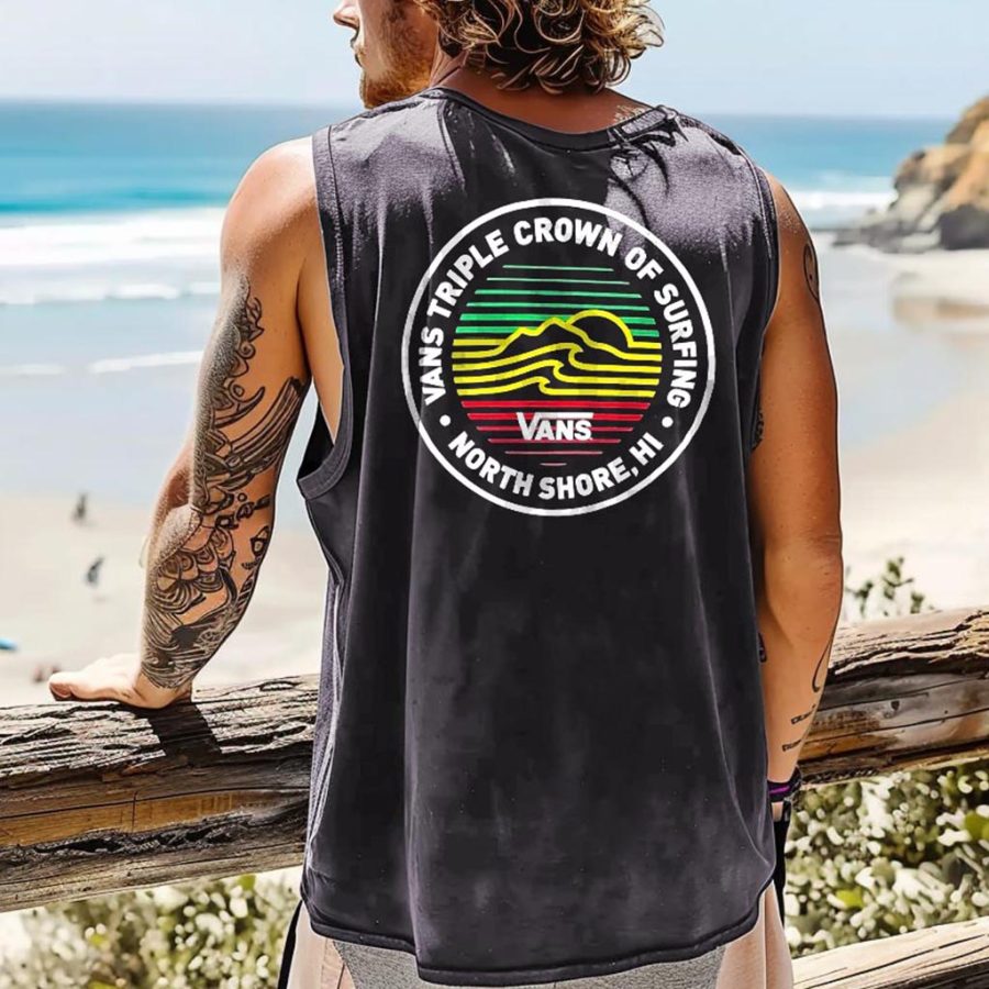 

Men's Vintage Crown Surfing Print Crew Neck Sleeveless Tank Top