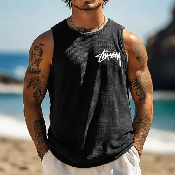 Men's Waffle Sleeveless Tank Top With Bold Logo Print For Summer Beachwear - Ootdyouth.com 