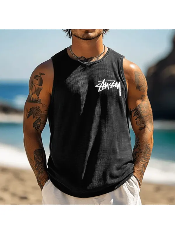Men's Waffle Sleeveless Tank Top With Bold Logo Print For Summer Beachwear - Frontiercool.com 