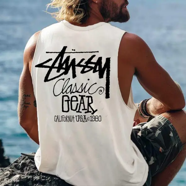 Men's Vintage Surfing Classic California 1980 Print Round Neck Sleeveless Tank Top - Ootdyouth.com 