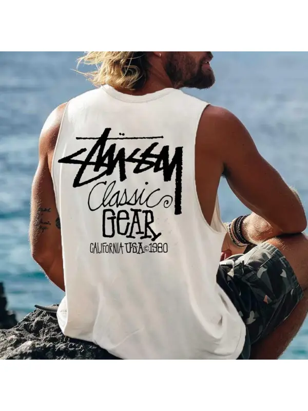 Men's Vintage Surfing Classic California 1980 Print Round Neck Sleeveless Tank Top - Ootdmw.com 