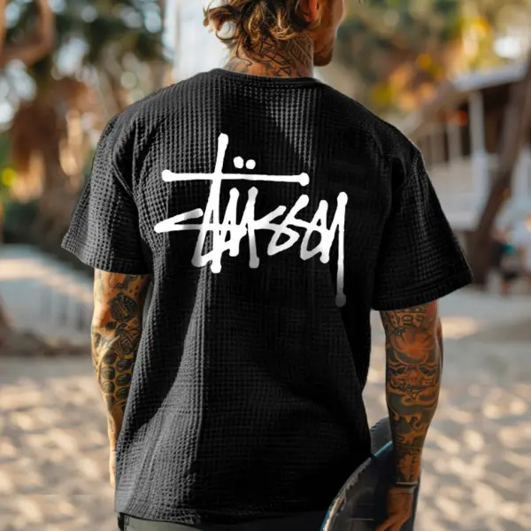 Men's Vintage Waffle Knit Surfing Black Short Sleeve Round Neck T-Shirt - Ootdyouth.com 