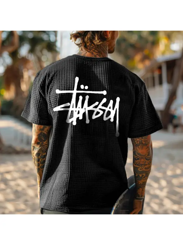 Men's Vintage Waffle Knit Surfing Black Short Sleeve Round Neck T-Shirt - Frontiercool.com 