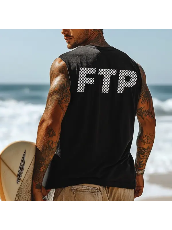 Men's Vintage Surfing Oversized Print Tank Top - Frontiercool.com 