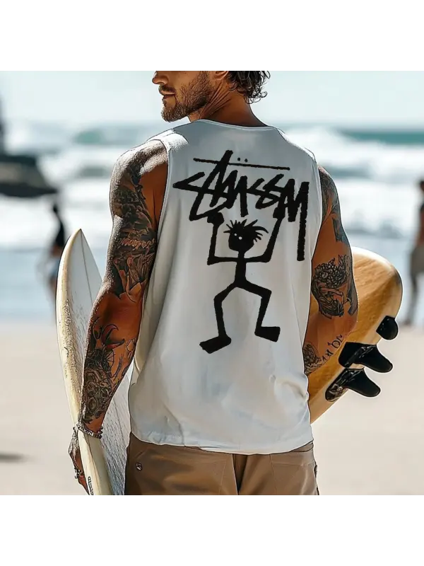 Men's Vintage Surfing Oversized Print Tank Top - Frontiercool.com 