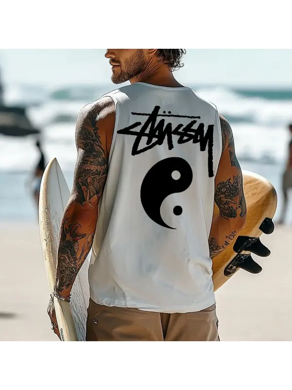 Men's Vintage Surfing Oversized Print Tank Top - Frontiercool.com 