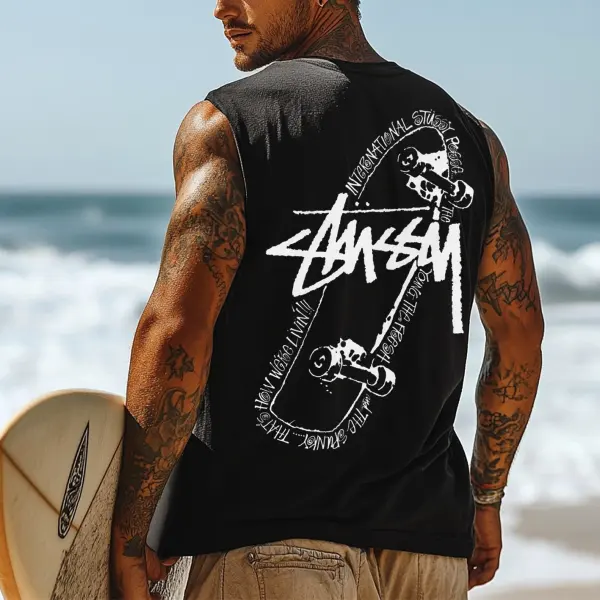 Men's Vintage Surfing Oversized Street Style Print Tank Top - Ootdyouth.com 