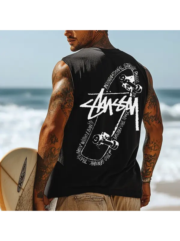 Men's Vintage Surfing Oversized Street Style Print Tank Top - Frontiercool.com 