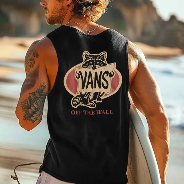 Men's Vintage Surfing Raccoon Sign Print Round Neck Sleeveless Tank Top - Wayrates.com 