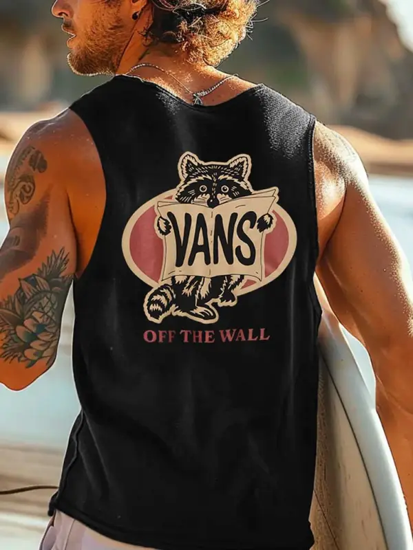 Men's Vintage Surfing Raccoon Sign Print Round Neck Sleeveless Tank Top - Menwyx.com 