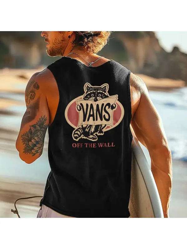 Men's Vintage Surfing Raccoon Sign Print Round Neck Sleeveless Tank Top - Aptkoi.com 