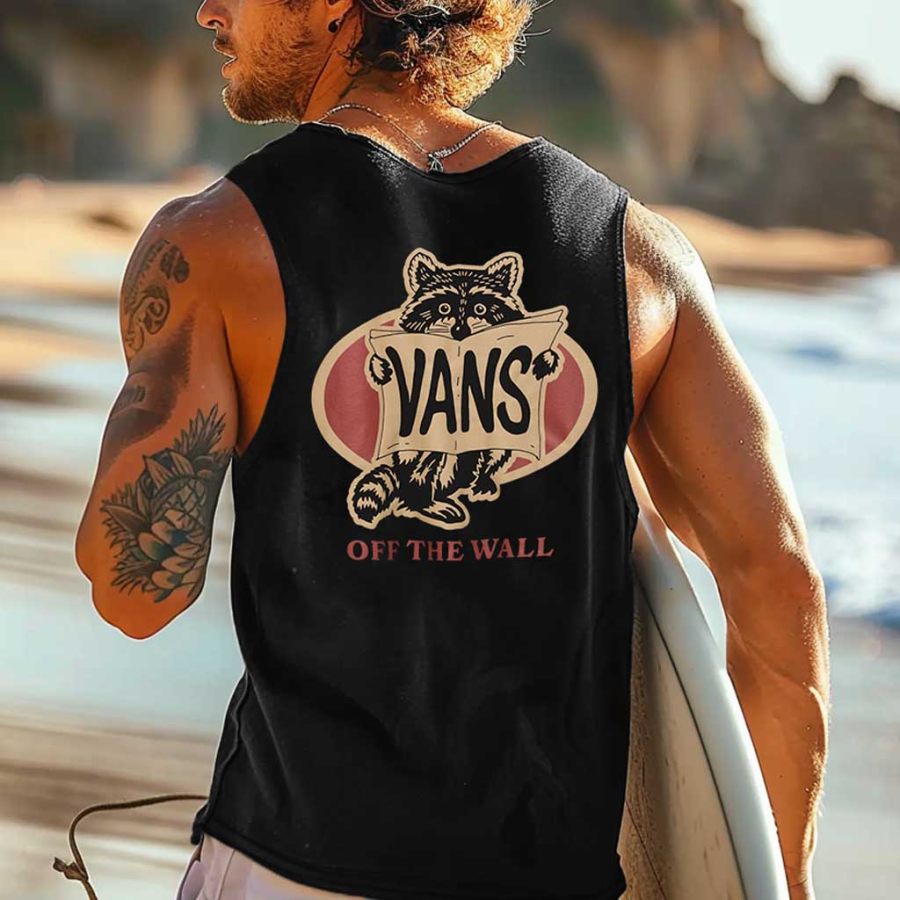 

Men's Vintage Surfing Raccoon Sign Print Round Neck Sleeveless Tank Top