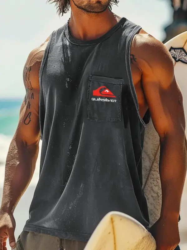 Quiksilver Men's Vintage Surfing Print Pocket Round Neck Sleeveless Tank Top - Pragmaace.com 
