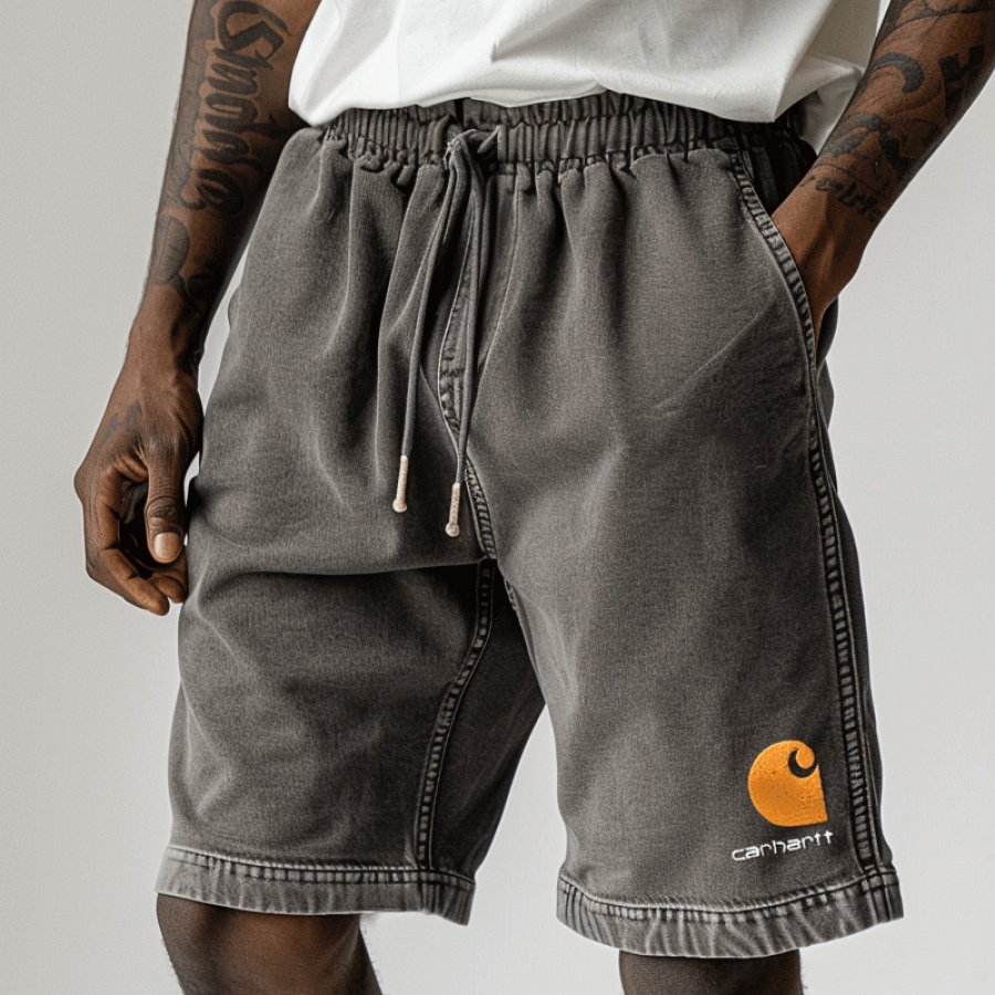 

Stylish Vintage Wash Drawstring Waist Shorts With Side Logo Patch For Men
