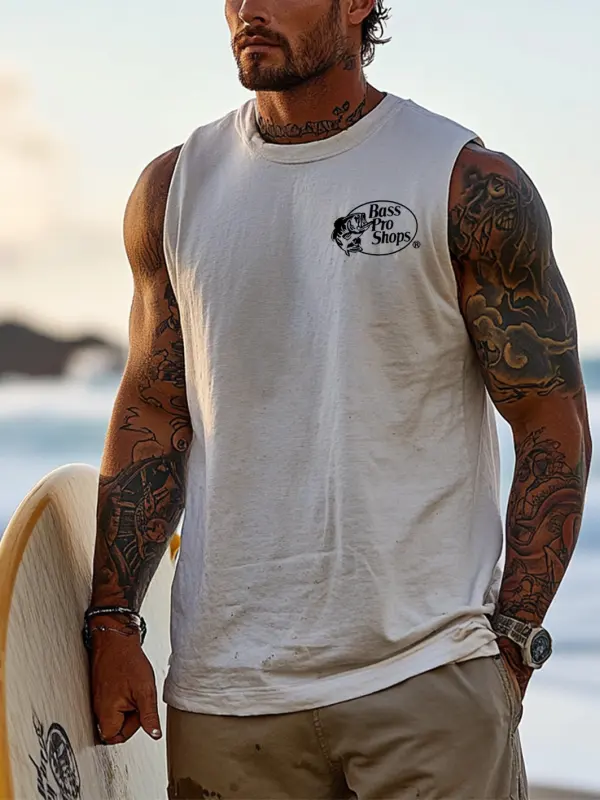 Men's Vintage Surfing Oversized Fish Print Tank Top - Pragmaace.com 