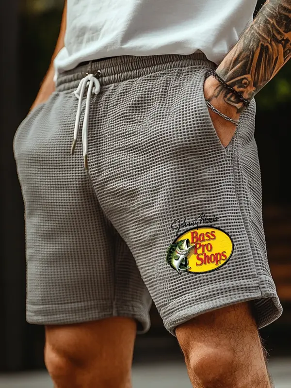 Men's Vintage Print Cement Gray Waffle Fabric Knit Surf Elastic Drawstring Shorts - Pragmaace.com 