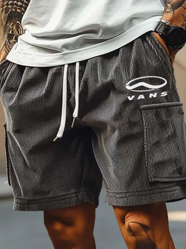 Men's Vintage Corduroy Surfing Print Multi-Pocket Elastic Drawstring Walkshort Cargo Shorts - Simplyion.com 