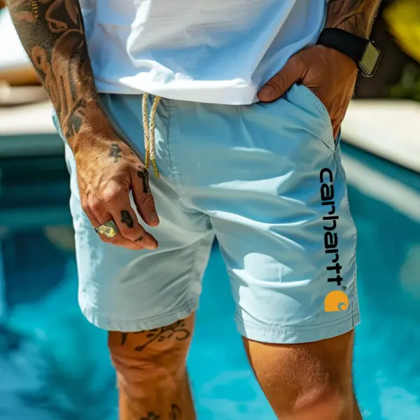Men's Vintage Surfing Light Blue Elastic Drawstring Walkshort Shorts - Yesunshine.com 