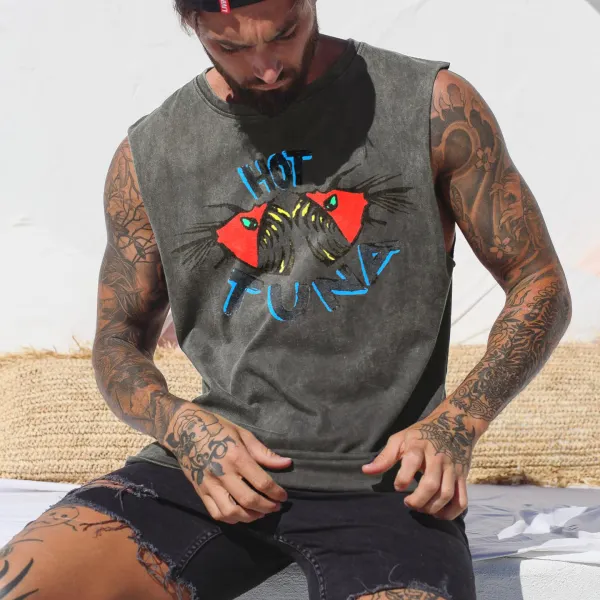 Vintage Unisex Oversized Sleeveless T-shirt Seaside Holiday Surfing Print Vest - Albionstyle.com 