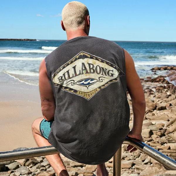 Vintage Unisex Oversized Sleeveless T-shirt Seaside Holiday Surfing Print Vest - Albionstyle.com 