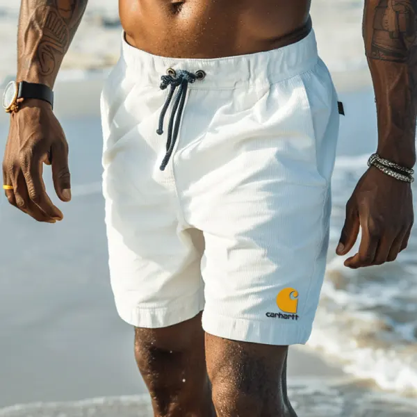 Men's Corduroy Embroidery Pattern Casual Beach Shorts With Adjustable Drawstring And Logo Patch - Wayrates.com 