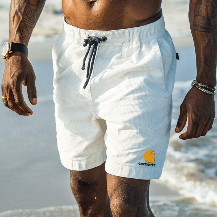 

Men's Corduroy Embroidery Pattern Casual Beach Shorts With Adjustable Drawstring And Logo Patch