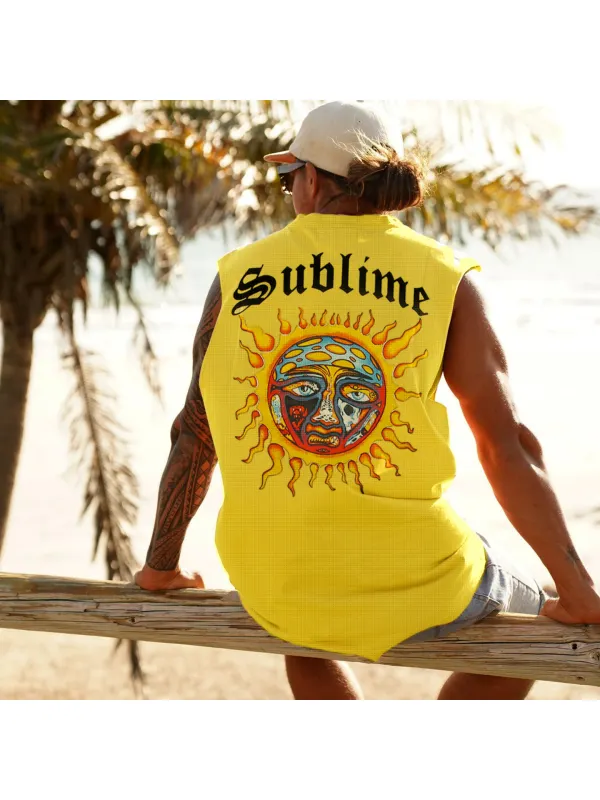 Retro Unisex Oversized Mesh Sleeveless T-shirt Seaside Holiday Surfing Print Vest Quick-drying Vest - Aptkoi.com 