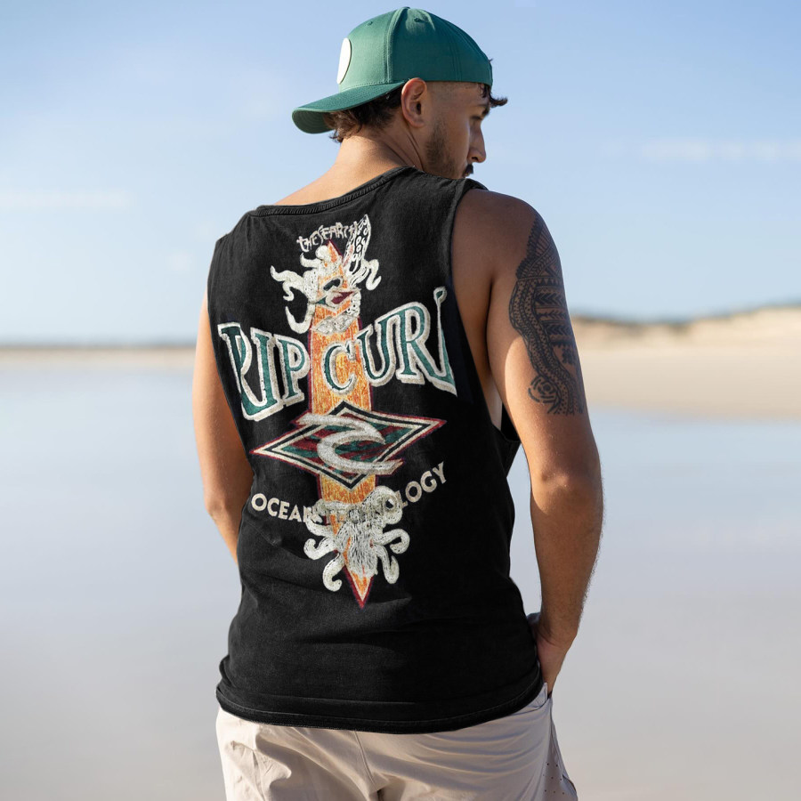 

Vintage Unisex Oversized Sleeveless T-shirt Seaside Holiday Surfing Print Vest