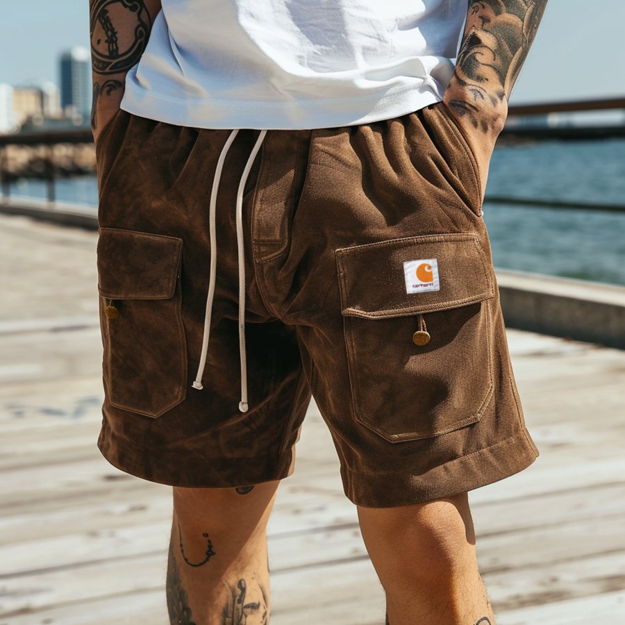 

Men's Vintage Suede Fabric Pockets Surf Elastic Drawstring Shorts