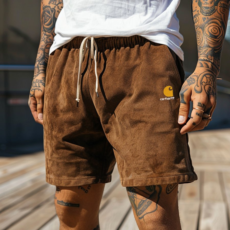 

Men's Vintage Suede Fabric Surf Elastic Drawstring Shorts