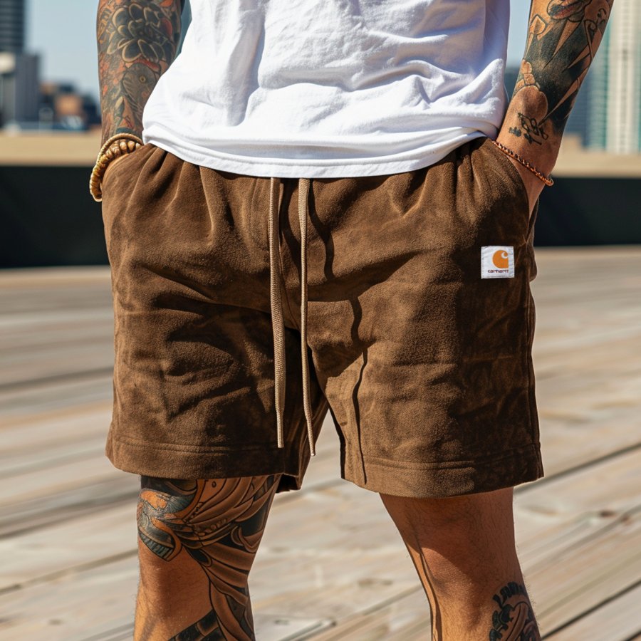 

Men's Vintage Suede Fabric Surf Elastic Drawstring Shorts
