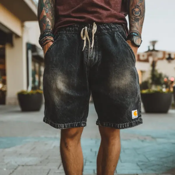 Fashionable Black Denim Shorts With Drawstring Waist - Spiretime.com 
